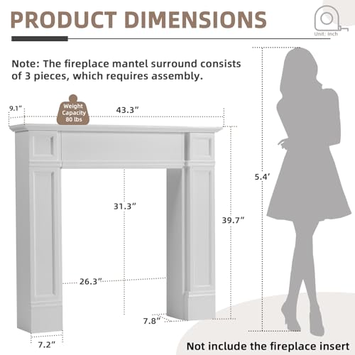 Image of Modern Fireplace Mantel Surround, White Freestanding Surround Mantel for Electric Fireplaces, Premium MDF Wooden Mantel with Leg for Living Room, Waterproof & Anti-Tipping