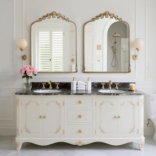 Image of WallBeyond Gold Antique Mirror for Vanity 28x36 Inch, Gold Vintage Mirror with Ornate Frame, Arched Vintage Wall for Bathroom, Living Room, Fireplace