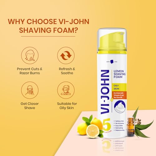Image of VI- JOHN Shaving Foam For Men, Lemon Shaving Foam With Goodness of Nature, Tea Tree Oil, Vitamin E Enriched and Anti- Bacterial Formula (200gm- Pack of 1)