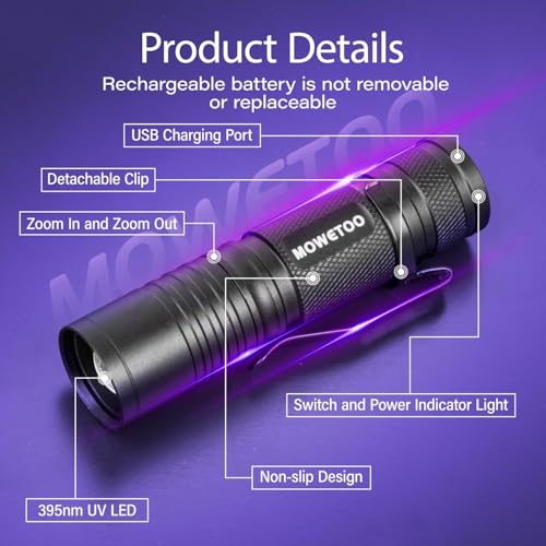 MOWETOO UV Taschenlampe Aufladbar - Mini LED UV Lampe Schwarzlicht Taschenlampe, 395nm Zoombare Ultraviolettes Licht Torch für Urinuntersuchung von Haustieren, Geldscheinkontrolle, Bernsteinsuche