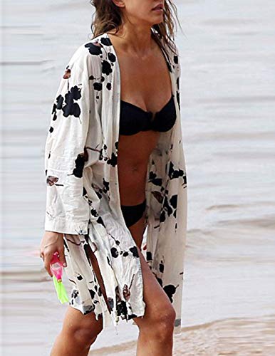 Bsubseach Women Black White Floral Print Rayon Beachwear Cover Up for Swimwear Loose Long Sleeve Beach Kimono Cardigan