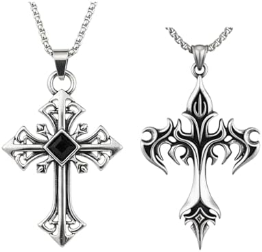 FFZDENA 2 Pieces Gothic Jewellery, Flame Punk Cross Necklace Set for Men and Women, Chain for Men, Pendant, Mens Accessories Stylish, Gothic Punk Statement Jewelry