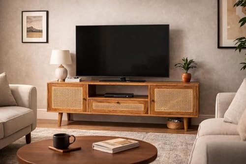 Image of Premium Solid Wood, 10 Minutes Assembly (Legs Only), Aesthetic Rattan Doors, Mid Century Entertainment Center for Living Room, TV Stand for 65 inch TV, Dark Chocolate (Unipue Natural)