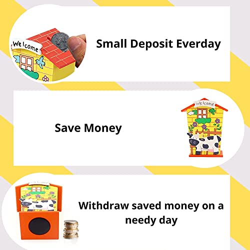 Piggy Bank For Kids Wood House Animal Designs, Educational Learning Toys Multi Color Perfect Return Gift For Kids Birthday Party (Pack Of 6)