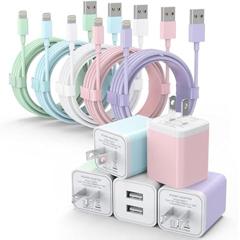 5Pack iPhone Charger, iGENJUN Dual Port USB Wall Charger Block Adapter with Long 6FT Lightning Cable Fast Charging Data Sync Cords for iPhone 14 13 12 11 Pro Max XR XS Plus-Multicolor Cover