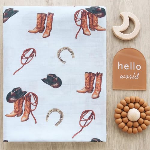 Image of LifeTree Muslin Swaddle Blankets, Western Baby Swaddles for Boys Girls Newborn, Soft Large 47 inch x 47 inch, Cowboy Boot Print Baby Blanket, 70% Viscose from Bamboo and 30% Cotton