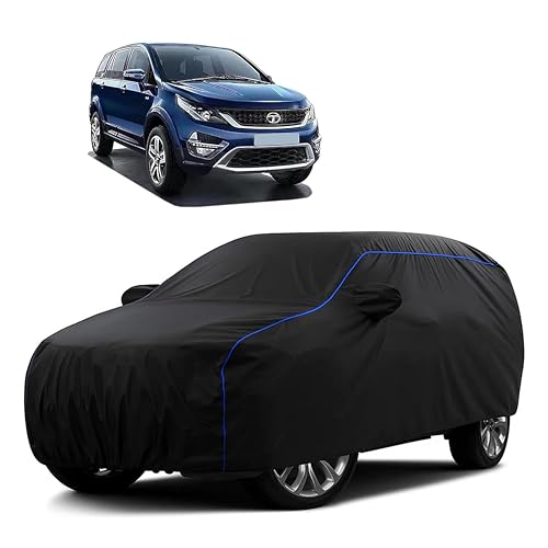 Image of Sulfar 100% Water Resistant Car Body Cover Compatible with Mirror for Tata Hexa (Triple Stitched, Full Bottom Elastic, Black Tafetta with Blue Piping)
