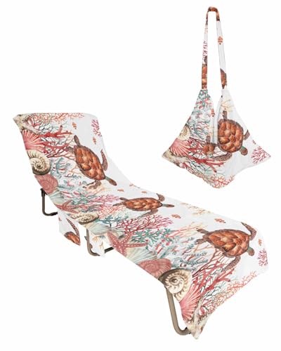 Red Sea Turtle Beach Lounge Chair Towel Cover, Soft Chaise Lounge Towel with Side Pockets Patio Pool Chairs Cover for Beach/Pool Sunbathing 29x85 Nautical Coastal Summer Beach Coral