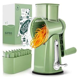 SUSTEAS Rotary Cheese Grater with Handle – Vegetable Shredder with 5 Well-designed Blades & Strong Suction Base,Round Mandoline Slicer & Food Chopper for Kitchen,with Blade Storage Box(Retro Green)