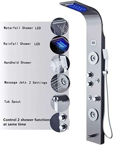 Panel de ducha con torre de cuerpo en acabado níquel cepillado con LED, sistema de masaje y jets de agua tipo cascada miniatura 2