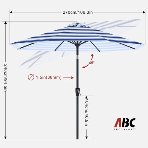 Image of ABCCANOPY 9FT Patio Umbrella Outdoor 8 Ribs Table Umbrella | Fade & UV Resistant Fabric,8 Fiberglass Ribs,Smooth Crank System,Blue White Stripes,Great for Patio,Backyard,Garden,Deck