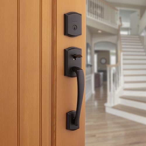Image of Kwikset Prescott Front Door Lock Handle and Deadbolt Set, Entry Door Handleset Exterior with Tustin Interior Reversible Lever, Venetian Bronze, Pick Resistant SmartKey Rekey Deadbolt Security