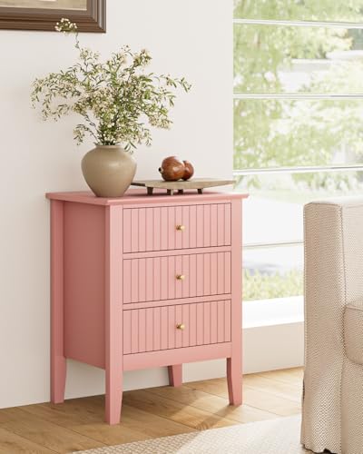 Image of Fluted Nightstand, Farmhouse Night Stand with 3 Drawers, Mid Century Modern Side Accent Table,Bedside End Table for Bedroom, Living Room, Pink