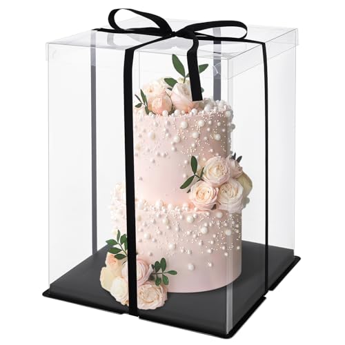 Warmiehomy Clear Cake Box, 10 inch Tall Cake Box, Transparent Cake Boxes, Plastic Cake Boxes with Base and Ribbon, Large Gift Box for Birthday Wedding Christmas Party