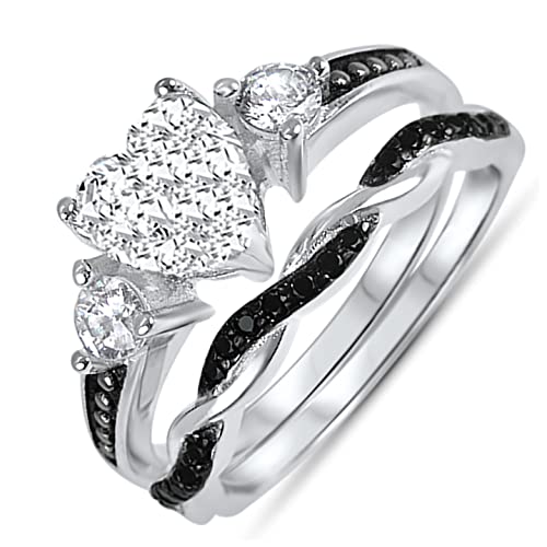 LaRaso & Co His and Hers 3 Piece Trio Sterling Silver Black Wedding Band Engagement Ring Set3