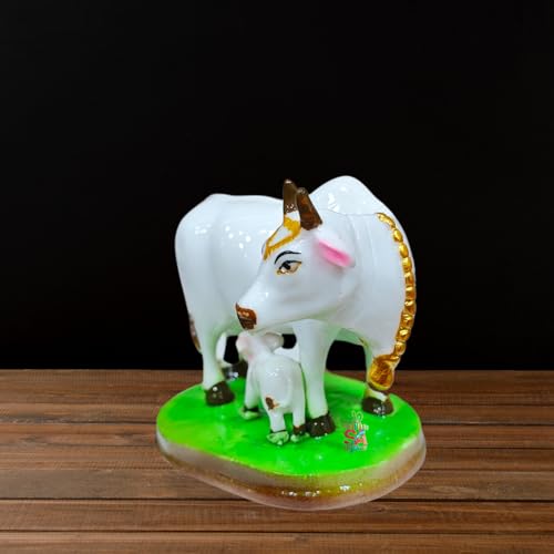 Image of Sai Amrut Handicraft Decorative Polystone Cow and Calf Big Statue /Idol for Gift Home Decor 8 inch (Marble 3 inch)