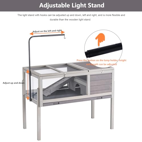 BIRASIL Wood Tortoise Enclosure with Adjustable Light Stand,2-Tier Habitat Reptile Cage with Swimming Area Feeding Area, Tortoises House for Small Animals Lizards Hamster (Gray) - Thumbnail 4