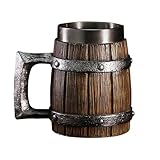 Nordic Viking Mug, pirate Beer Cup,Wooden Barrel Beer Mug Stainless Steel Liner, Medieval Drinkware Wine Goblet,Vintage Bar Decor for Home Accessories Gifts for Halloween/Christmas/Birthday