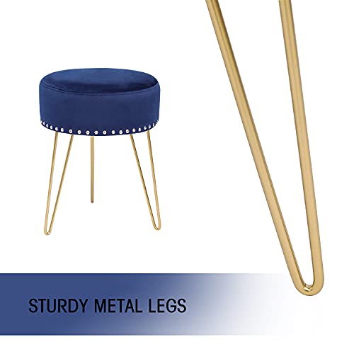 Furnistar Velvet Footstool Round Ottoman Golden Metal Legs With Rivets For Living Room Bedroom (Navy Blue) #TOP6