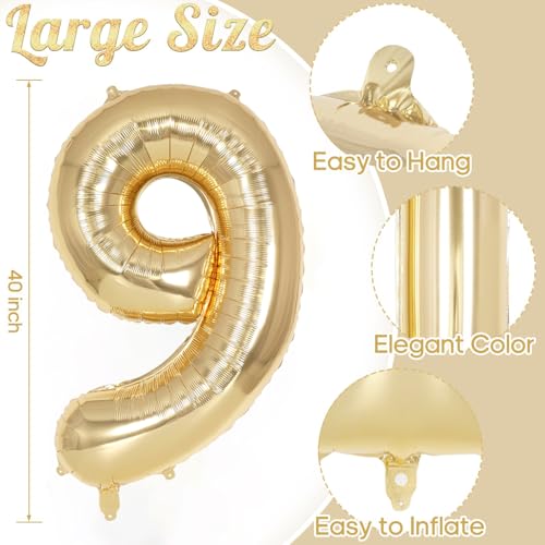 Image of Champagne Gold Large Number 9 Balloon, 40 Inch Light Gold Foil Helium Number Balloons, Giant Mylar Number 9 Balloons for 9 Years Old Birthday Party Anniversary Decorations