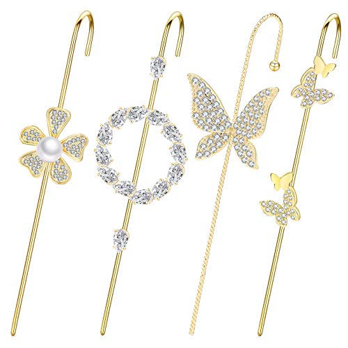 Ear Wrap Earrings - Elegant Crystal Craved Gold-tone Crawler Hook Earrings Classic Rhinestone Piercing Ear Cuff for Women Girls Wedding Delicate Wire Needle Studs Earrings (F 4PCS butterfly & flower)