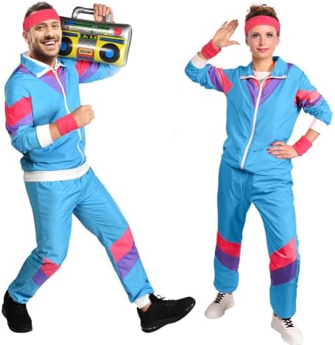 Aomig 90er 80er Jahre Kostüm Erwachsene, Retro Trainingsanzug für Männer Frauen, Disco Ganzkörperanzug, Partner Outfit Jacke und Hose 80er Party Bad Taste für Mottoparty Karneval(B
