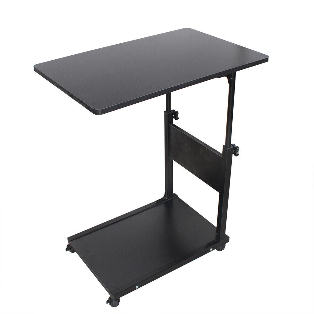 Tavolino da divano, da letto, in metallo e legno con ruote, 50 x 35 x 80 cm regolabile in altezza (55-80 cm) (nero)