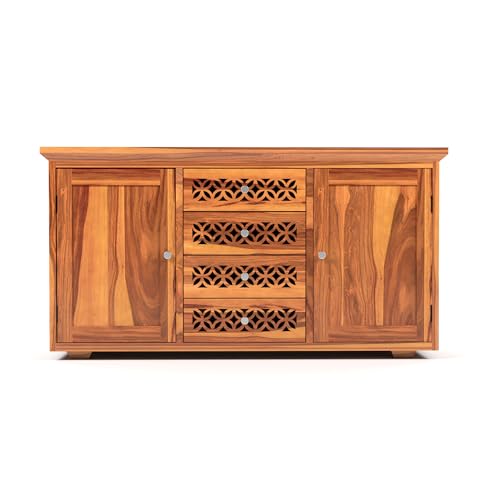 Image of Solid Sheesham Wood Wooden Sideboard Storage Cabinet & Chest of Drawer : Ideal for Living Room and Bedroom with 4 Drawers and 2-Shelf Storage (Cambrey, Honey Finish)