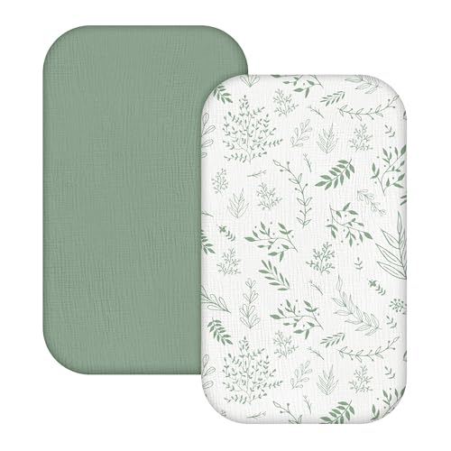 Image of Muslin Bassinet Sheets 2 Pack, Ultra Soft Breathable Fitted Sheets for Bedside Sleeper Bassinet, 33x20 Inch, Snug Fit Baby Bassinet Mattress Cover for Newborn Boys Girls (Bright Leaves)