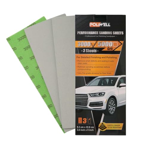 Image of POLIWELL Auto Performance Sandpaper 3 Pack, 3.6 in x 9 in 3000 Grit Sandpaper, Fine Grit Sand Paper for Wet Polishing Car Detail Scratches, Refined Finishes