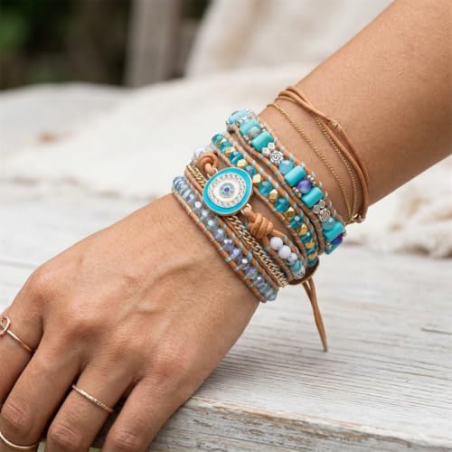 Image of YGLINE Boho Handmade Wrap Leather Tube Crystal Stone Bracelet for Women