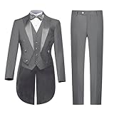 Stritra Mens Suits 3 Piece Slim Fit,Men's Tailcoat Suit Single Breasted Swallow Tail Coat for Proms,Concert,Wedding,Light Grey,M