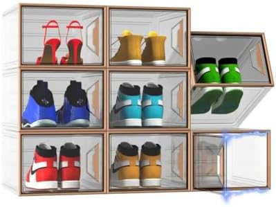 X-Large Stackable Shoe Boxes - Clear Plastic Shoe Storage Boxes with Magnetic Door, Thicken Shoe Organizer for Closet, Space Saving Foldable Shoe Containers Bins for Sneaker Boot - 8 Pack(Brown)