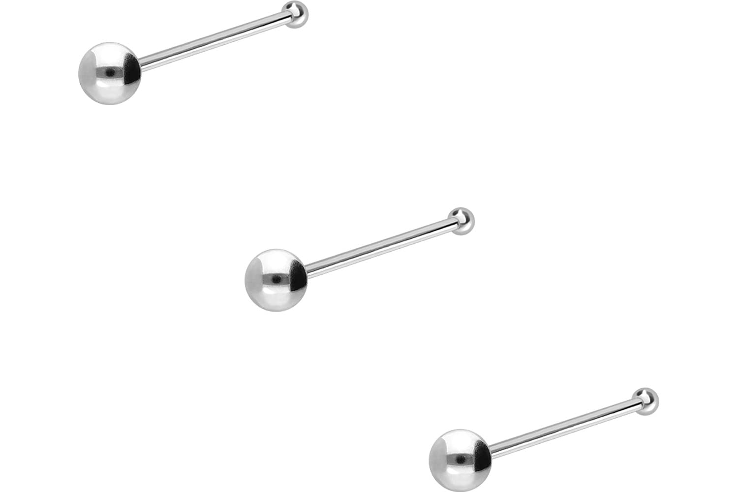 PIERCINGLINE Juego de 3 piercings de plata de ley 925 para la nariz, bola, Plata, Sin piedra