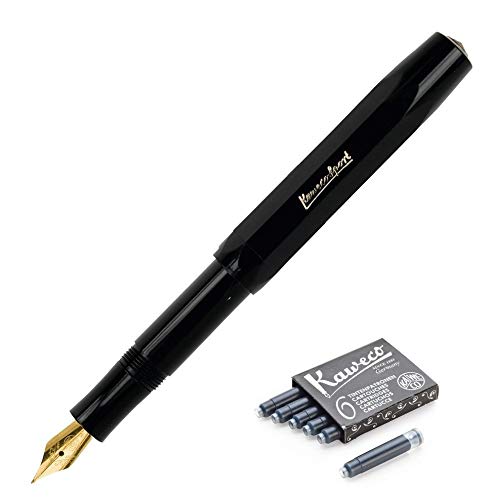 Kaweco Classic Sport Fine Nib Fountain Pen + Pack of 6 Black Ink Cartridges Set (Black)