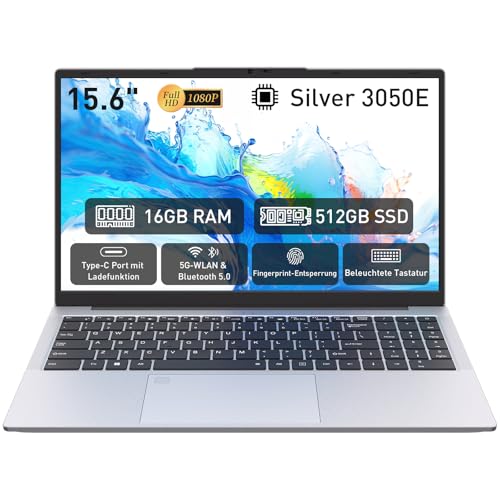 Pryloxen Laptop 15.6 Zoll, 16GB DDR4 512GB SSD, Dual-Core 3050E (bis zu 2.80 GHz), Notebook Mit Fingerabdrucksensor, Illuminated Keyboard, Doppellautsprecher, HDMI, Laptop für Schüler und Büro