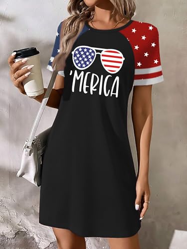 Image of YI XIANG RAN 4th of July Dress Women: American Flag Dresses USA Stars Stripes Shirt Patriotic Tshirt Summer Sundress