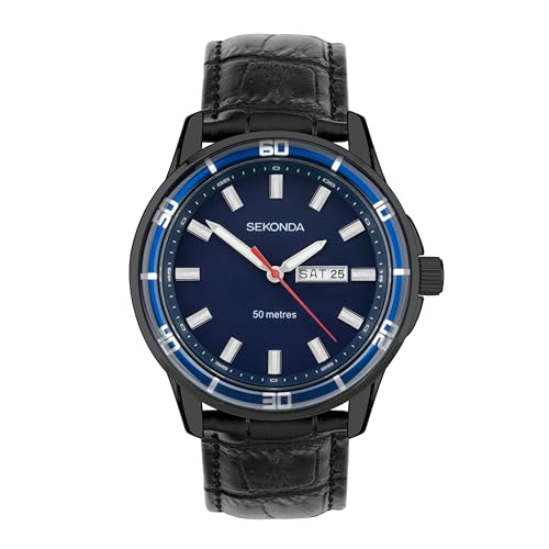 Sekonda Sport Midnight Men's 44mm Quartz Watch in Blue with Analogue Day/Date Display, and Black Leather Strap 30205