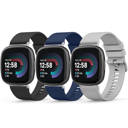 3 Pack Bands for Fitbit Versa 4/Versa 3/Sense 2/Sense Classic Soft Silicone Sports Bands Replacement Straps for Men Women (Black+Blue+Grey)