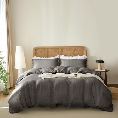 Talasily 100% French Linen Duvet Cover Set 3pc - Zipper Closure & 8 Corner Ties with Ruffled Pillowcases All-Season Breathable Bedding (Queen,Dark Grey)