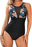 NEOSAN Women's One Piece Swimsuit V Neck Mesh Beach Bathing Suit Monokinis Mesh Black Floral Print M