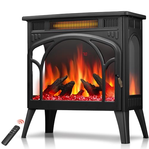 R.W.FLAME Electric Fireplace Heater 12 Flame Color, 25" Freestanding Fireplace Infrared Stove 1000W/1500W, 3D Realistic Flame Effects, Adjustable Brightness and Heating Mode, Overheating Safe Design