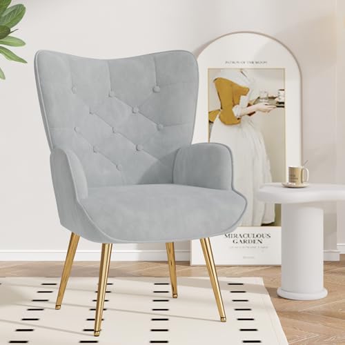 Nalupatio Mid Century Modern Velvet Accent Chair, Tufted Button High Back Chair, Upholstered Wingback Armchair with Metal Legs, High Back Side Chair for Living Room Bedroom, Grey