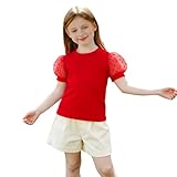 Magic Park 1-6Y Baby Girl Ribbed T-Shirts Toddler Puff Sleeve Blouse Kids Knit Tee Girls Solid Color Casual Tops (Puff Sleeve Red,5-6 Years)