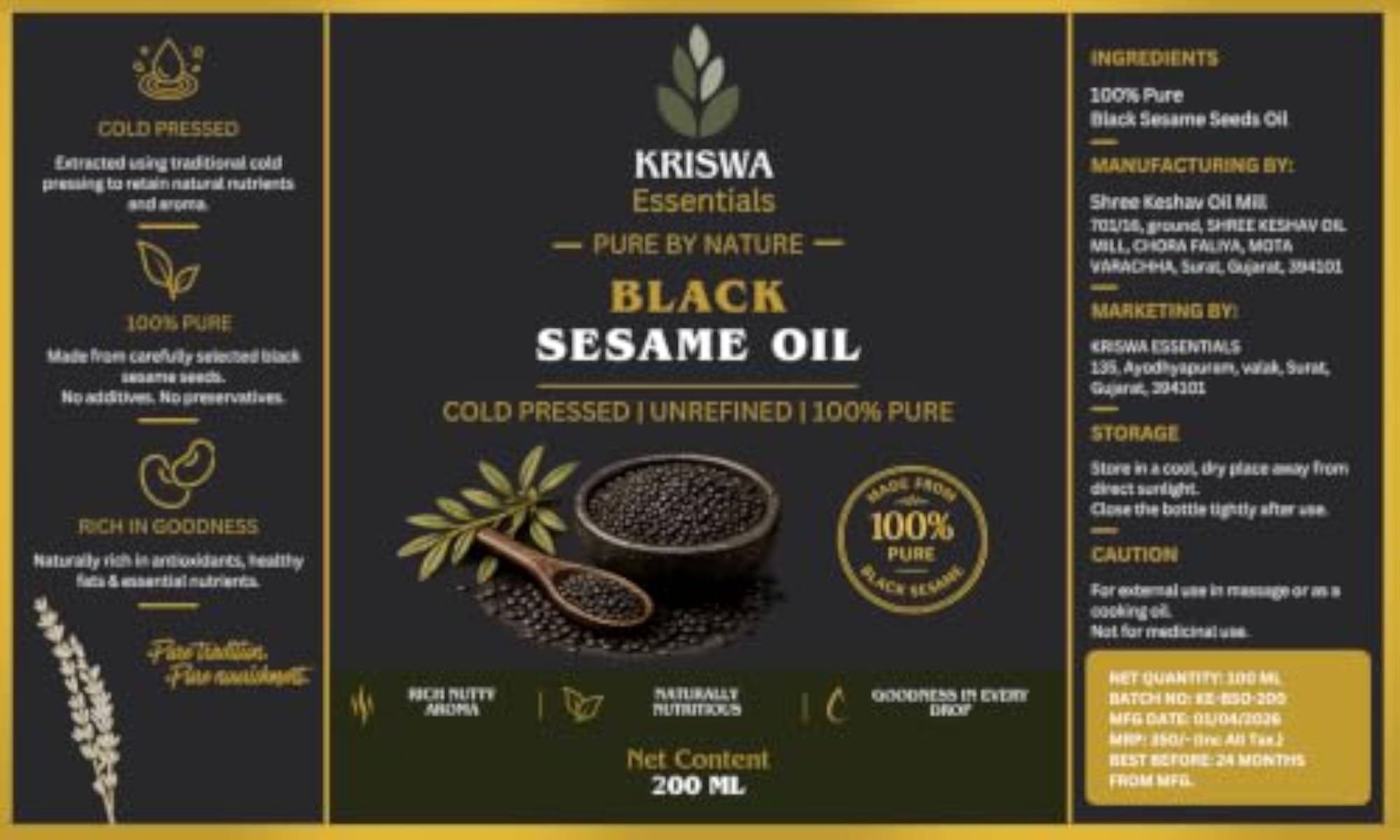 Black Sesame Seed Oil, Pure Cold Pressed, 200ml