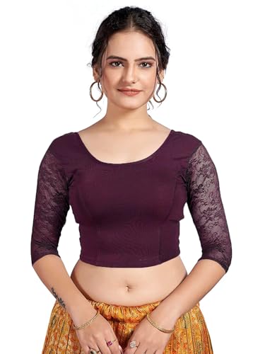 themilestocks TMS Women's Blouses Readymade Gold Stretchable Saree Crop Top Choli Free Size Sparkling (Wine, One Size (Can fit bust size 28""-38""))