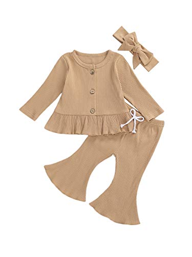 Newborn Baby Girls Clothes Knit Outfits Long Sleeve Buttons Round Neck Ruffle Top + Long Flared Pant + Headband 3pcs Outfit (Khaki, 12-18 Months)