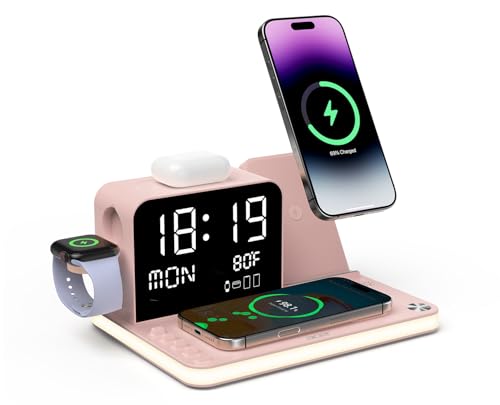 Acer 7-in-1 Wireless Charging Station with LED Clock - 30W Fast Wireless Charger for iPhone 16/15/14/13/12/Pro Max, Apple Watch, AirPods - Bluetooth Auto Time Sync & Night Lights (Pink)