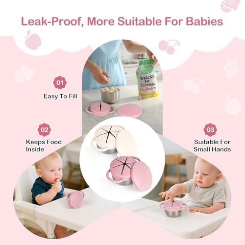 Daximo 2 Pack Snack Cups for Toddlers Spill Proof - Detachable Stainless Steel Toddler Snack Cups with Silicone Lids & Handles - Dishwasher Safe Snack Container (Matte Pink and Matte Off White)