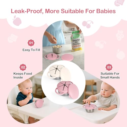 Daximo 2 Pack Snack Cups for Toddlers Spill Proof - Detachable Stainless Steel Toddler Snack Cups with Silicone Lids & Handles - Dishwasher Safe Baby Snack Containers (Matte Pink and Matte Off White) — view 2